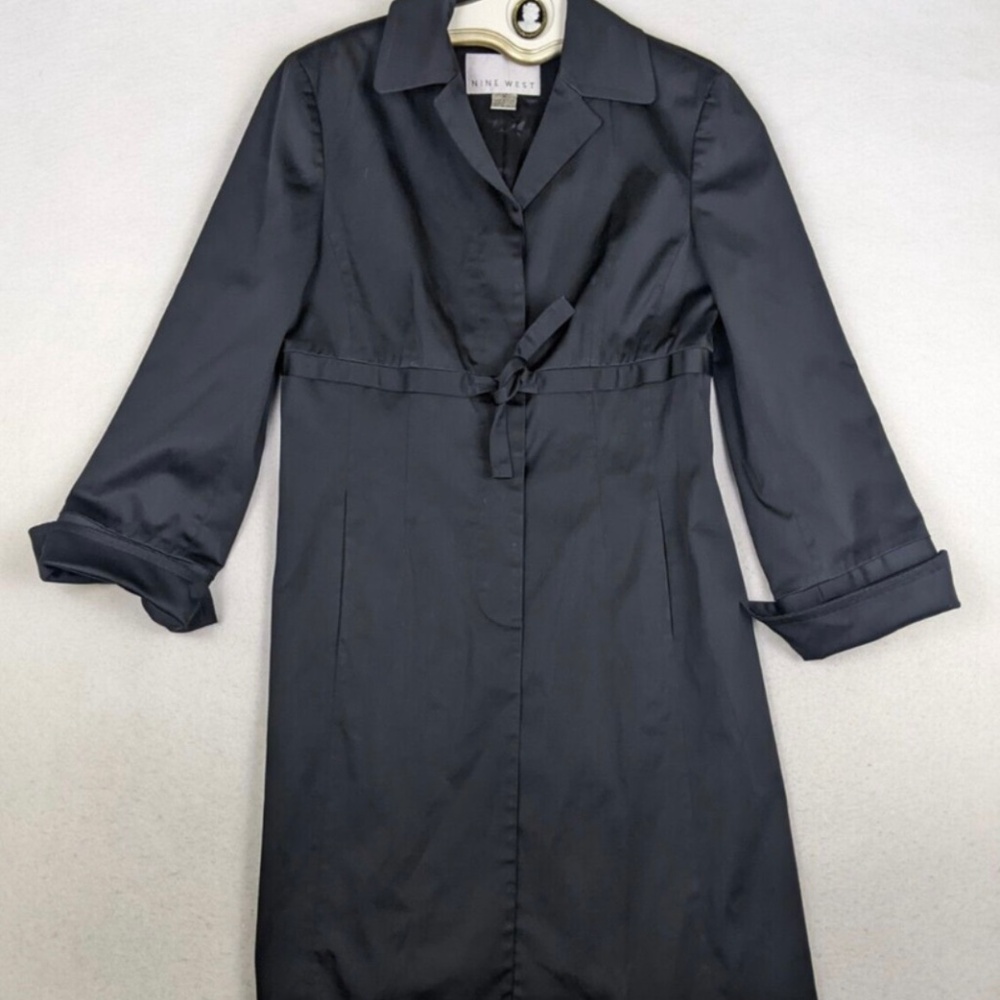 New Women’s Nine West Trench Rain Coat Jacket Full Button Satin Tie Black Medium